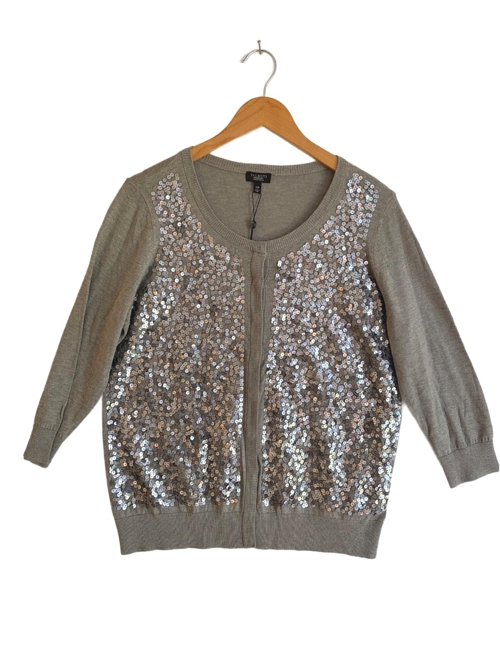 NWT Talbots 1XP Gray Silver Sequin Cardigan Sweater Woman Petite